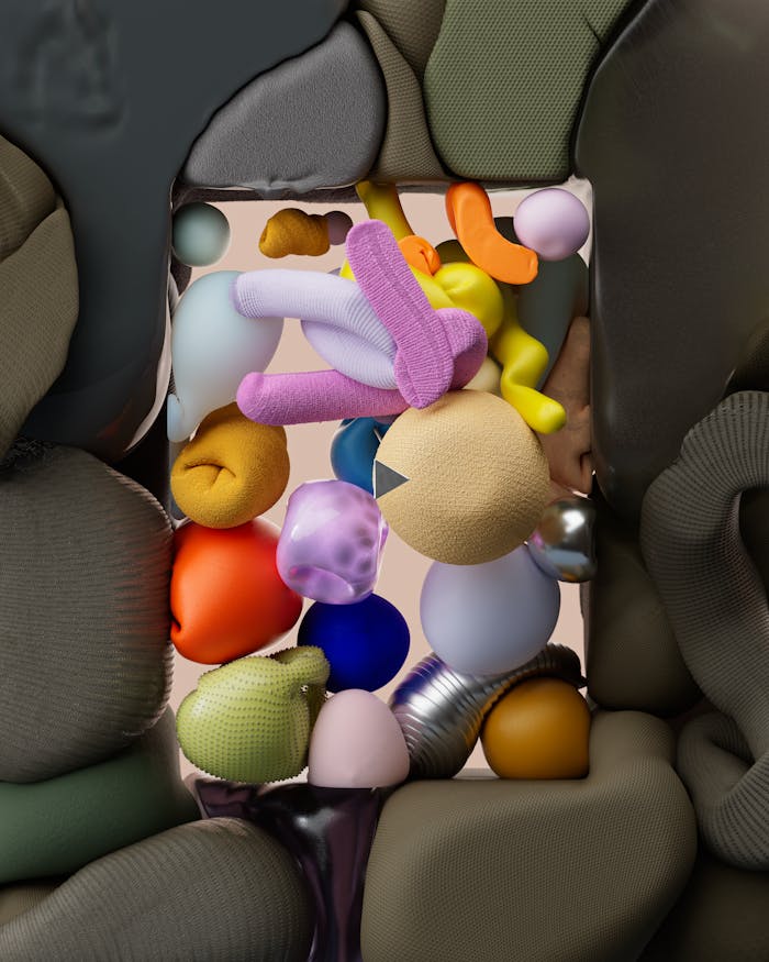 photo-17485848 A vibrant 3D abstract artwork featuring diverse geometric shapes and textures in a confined space.